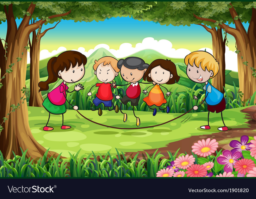 A group kids playing at forest Royalty Free Vector Image