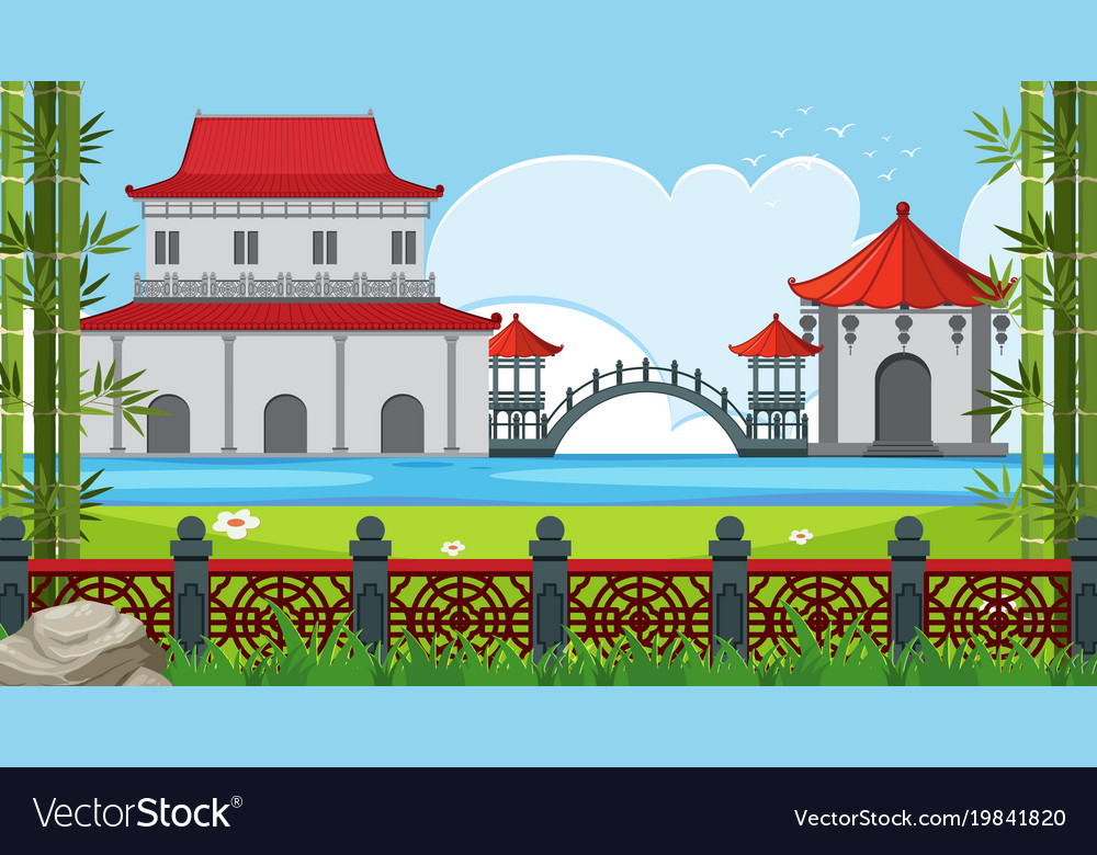 park-scene-with-chinese-buildings-by-the-lake-vector-image