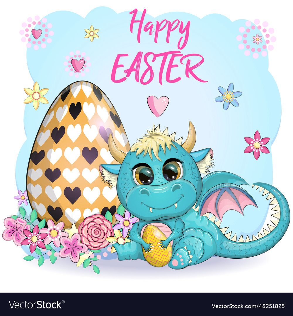 Cute cartoon green baby dragon with an easter egg Vector Image