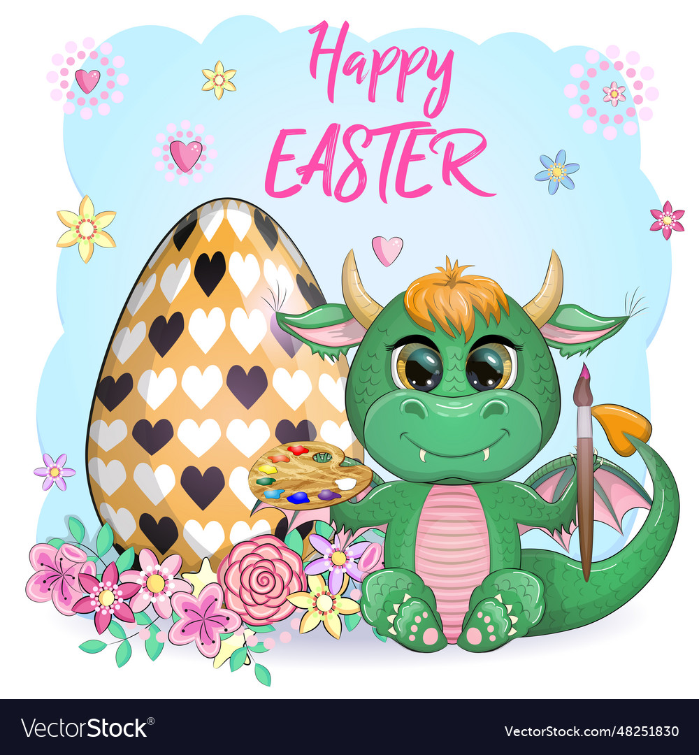 Cute cartoon green baby dragon with an easter egg Vector Image