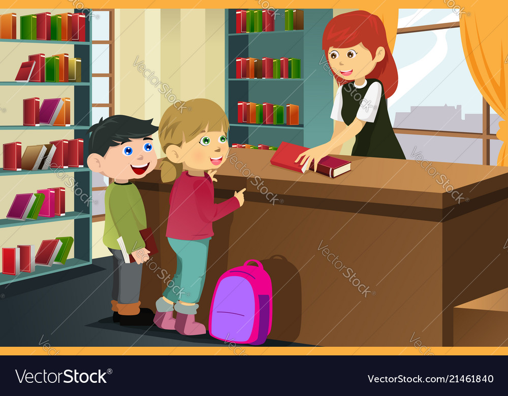 Kids borrowing books in library Royalty Free Vector Image