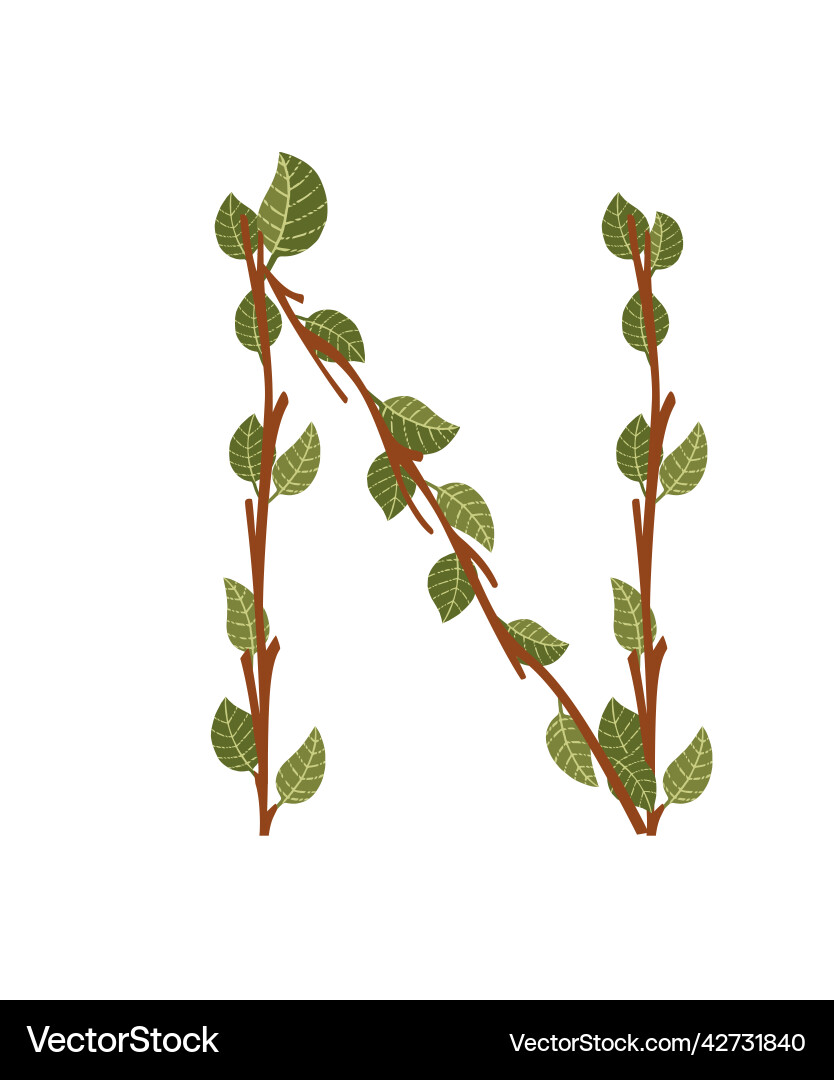 Letter n brown tree branches with green leaves Vector Image