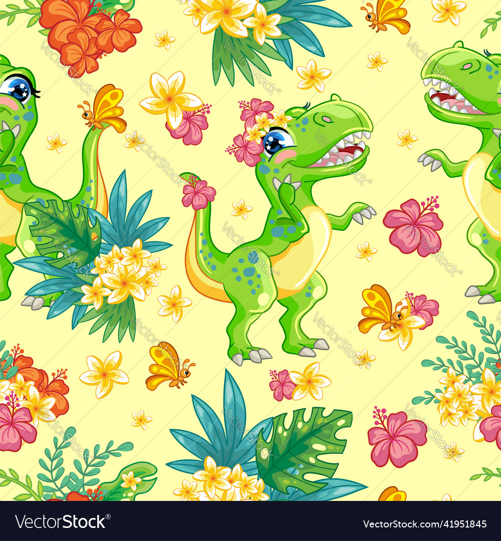 Seamless tropical pattern with cute tyrannosaurus Vector Image Seamless tropical pattern with cute tyrannosaurus Vector Image