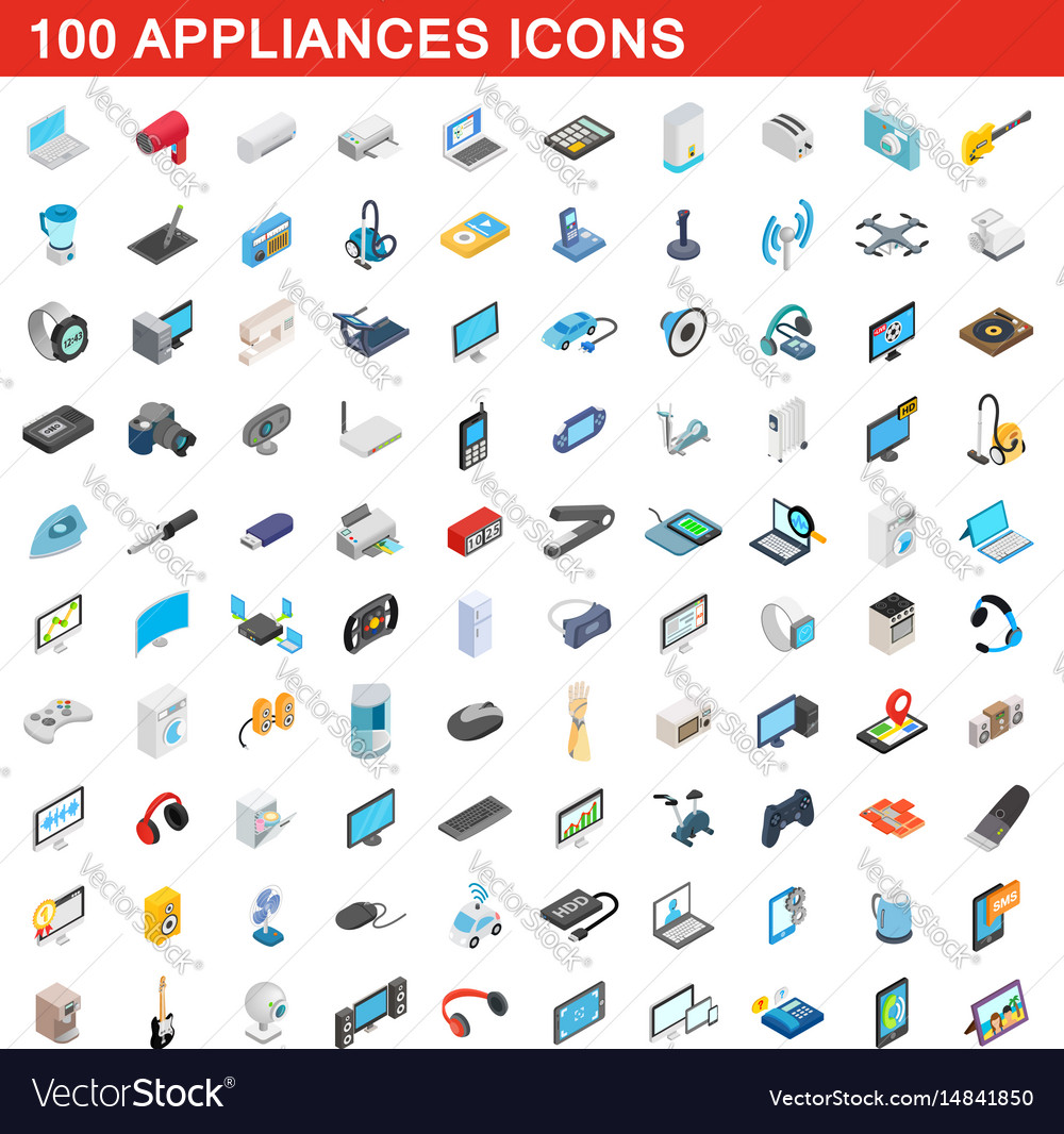 100 appliances icons set isometric 3d style Vector Image