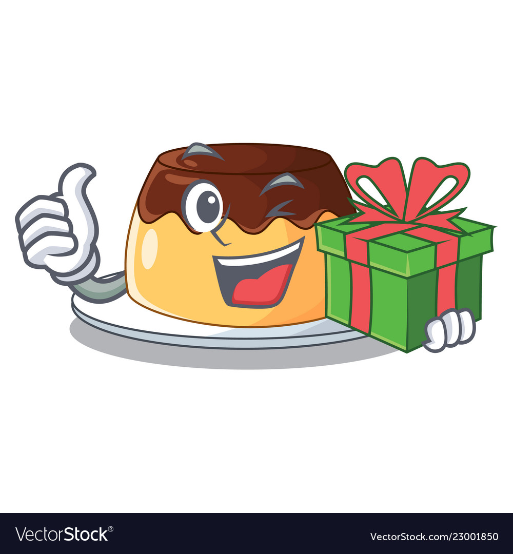 With gift caramel chocolate pudding on cartoon Vector Image With gift caramel chocolate pudding on cartoon Vector Image