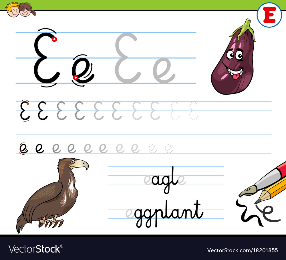 How to write letter e worksheet for kids Vector Image