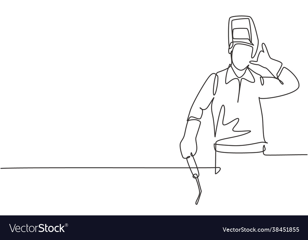 Single continuous line drawing welder with call Vector Image