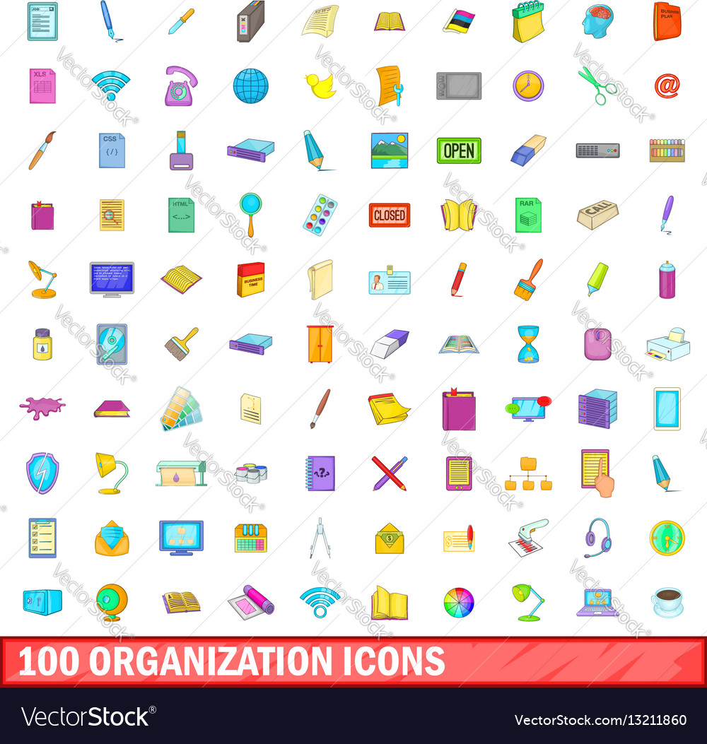 100 organisation icons set cartoon style Vector Image