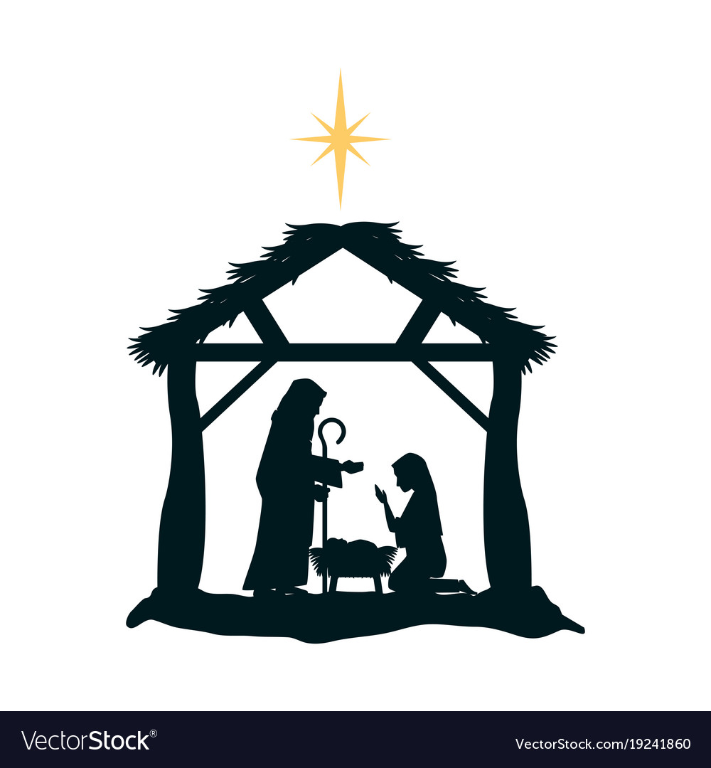 Holy family silhouette in stable christmas Vector Image