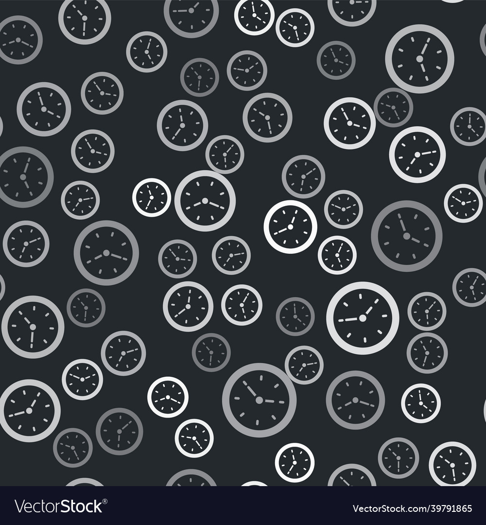 Grey clock icon isolated seamless pattern on black