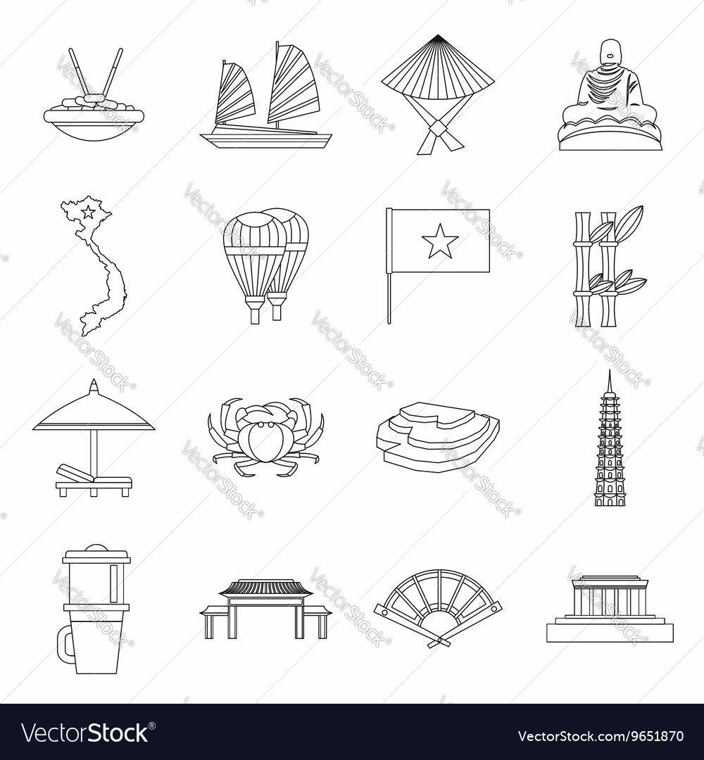 Vietnam travel icons set outline style Royalty Free Vector