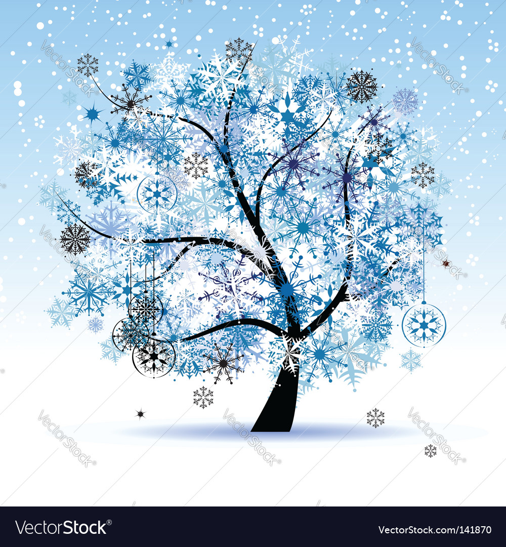 Winter Tree Snowflakes Christmas Holiday Vector Image