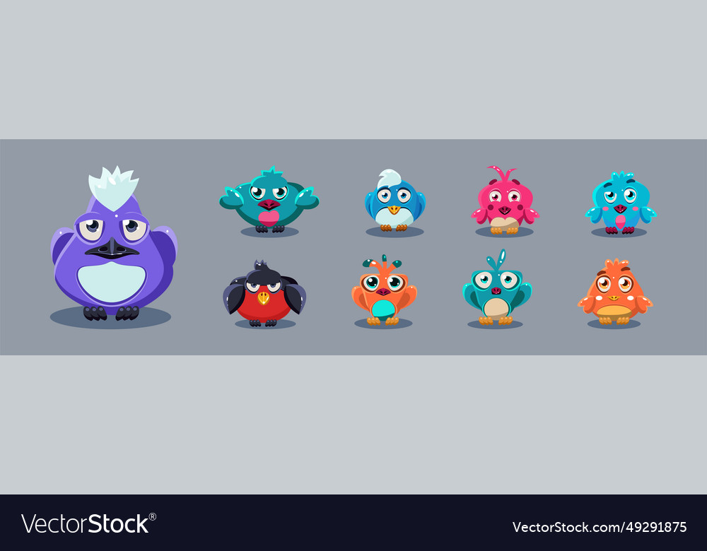 Funny cartoon birds sitting front view set Vector Image