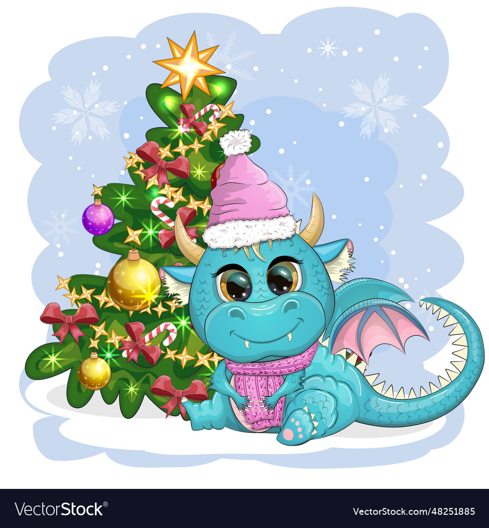 A Cute Cartoon Green Dragon In Santa Hat Holds Vector Image