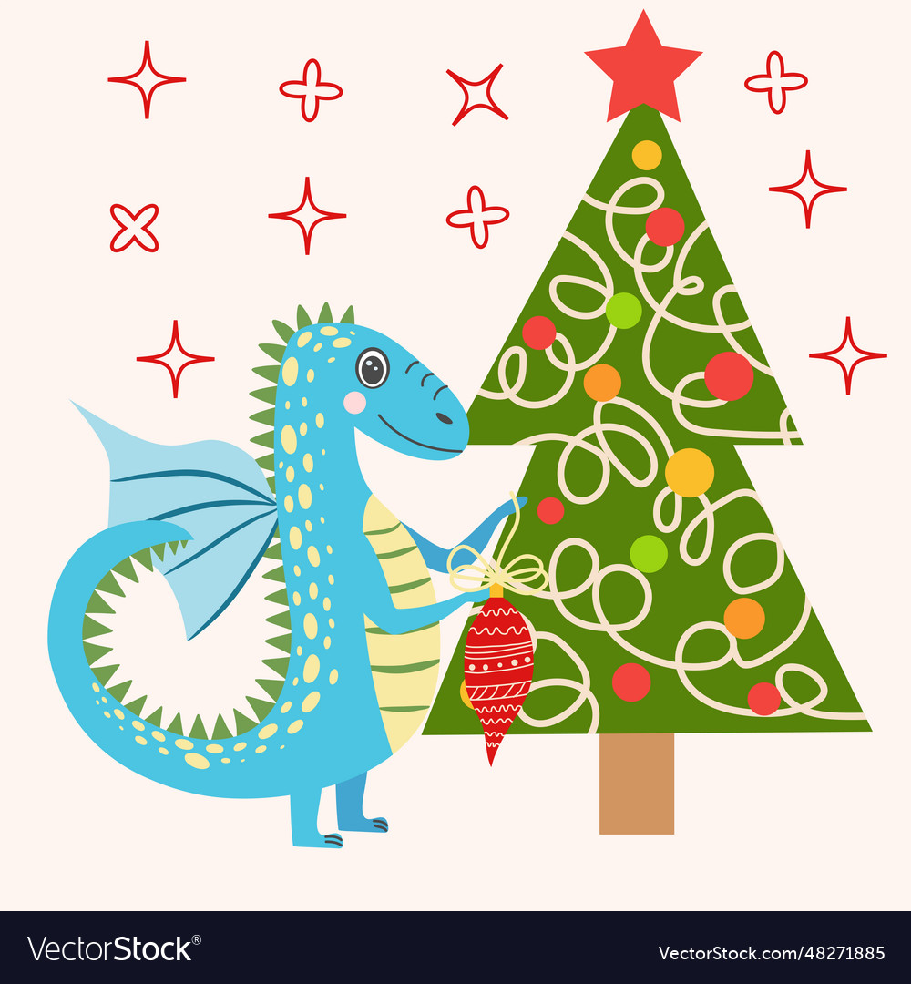 Christmas card with cute green dragon year Vector Image