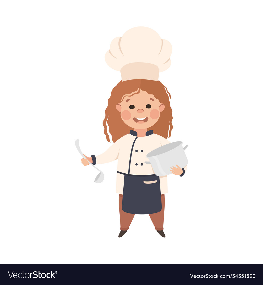 Cute girl chef cook holding pan and ladle kid Vector Image