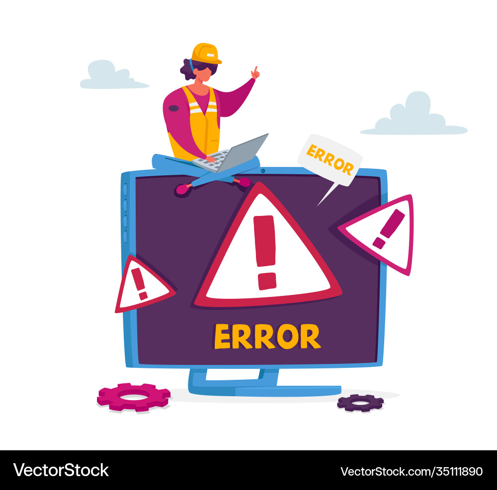 Tiny female character in worker uniform sit Vector Image