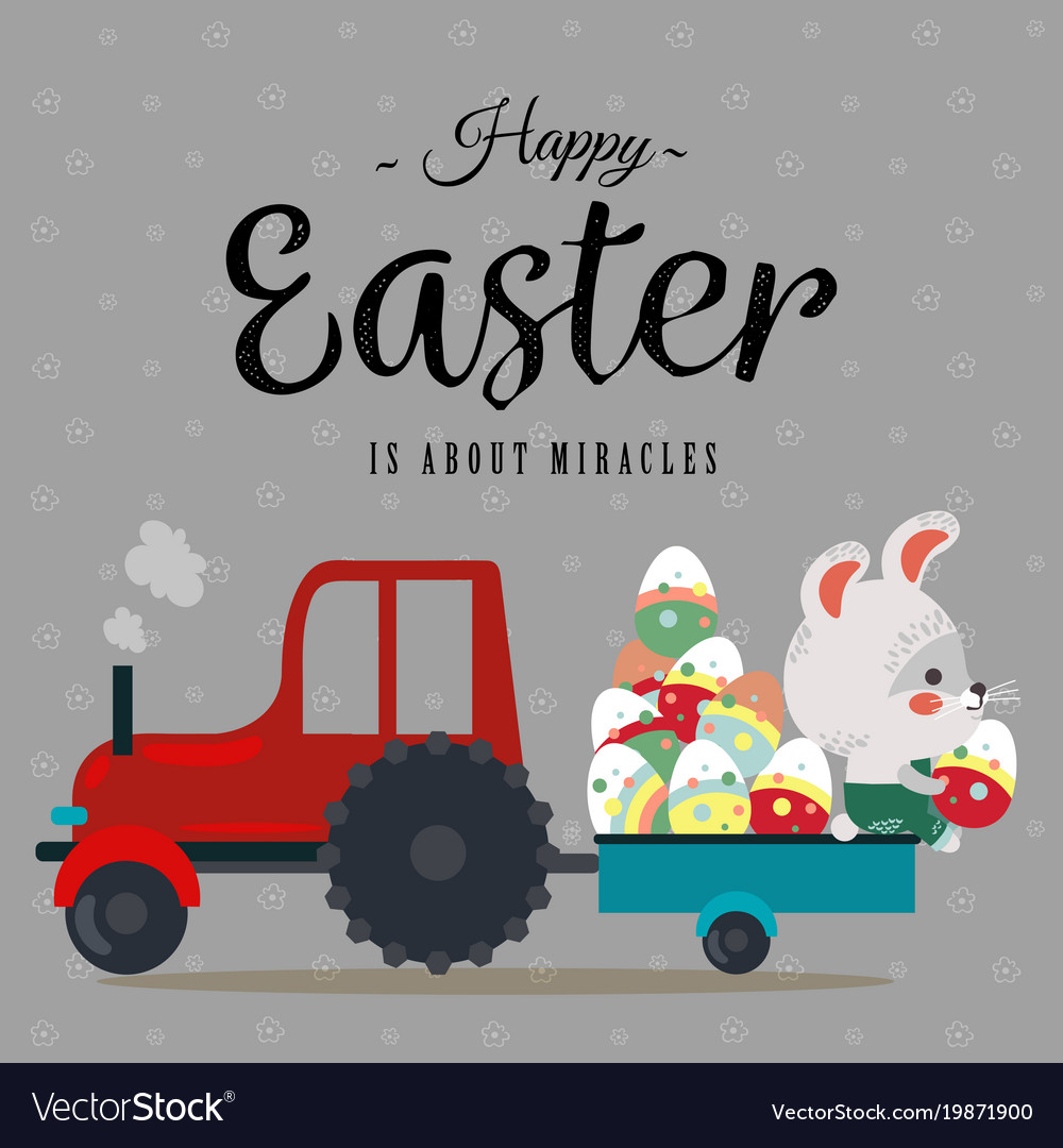 Easter bunny sit on tractor with a cart full of Vector Image