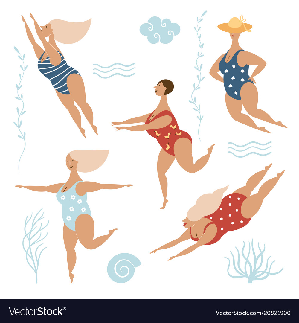 Five funny cute fat women in swimsuits Royalty Free Vector