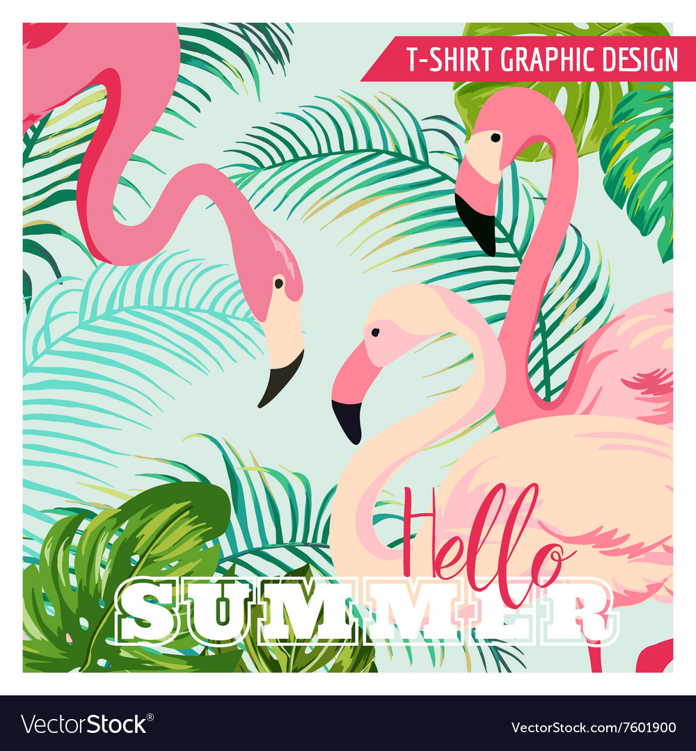 Flamingo and tropical flowers - for t-shirt Vector Image