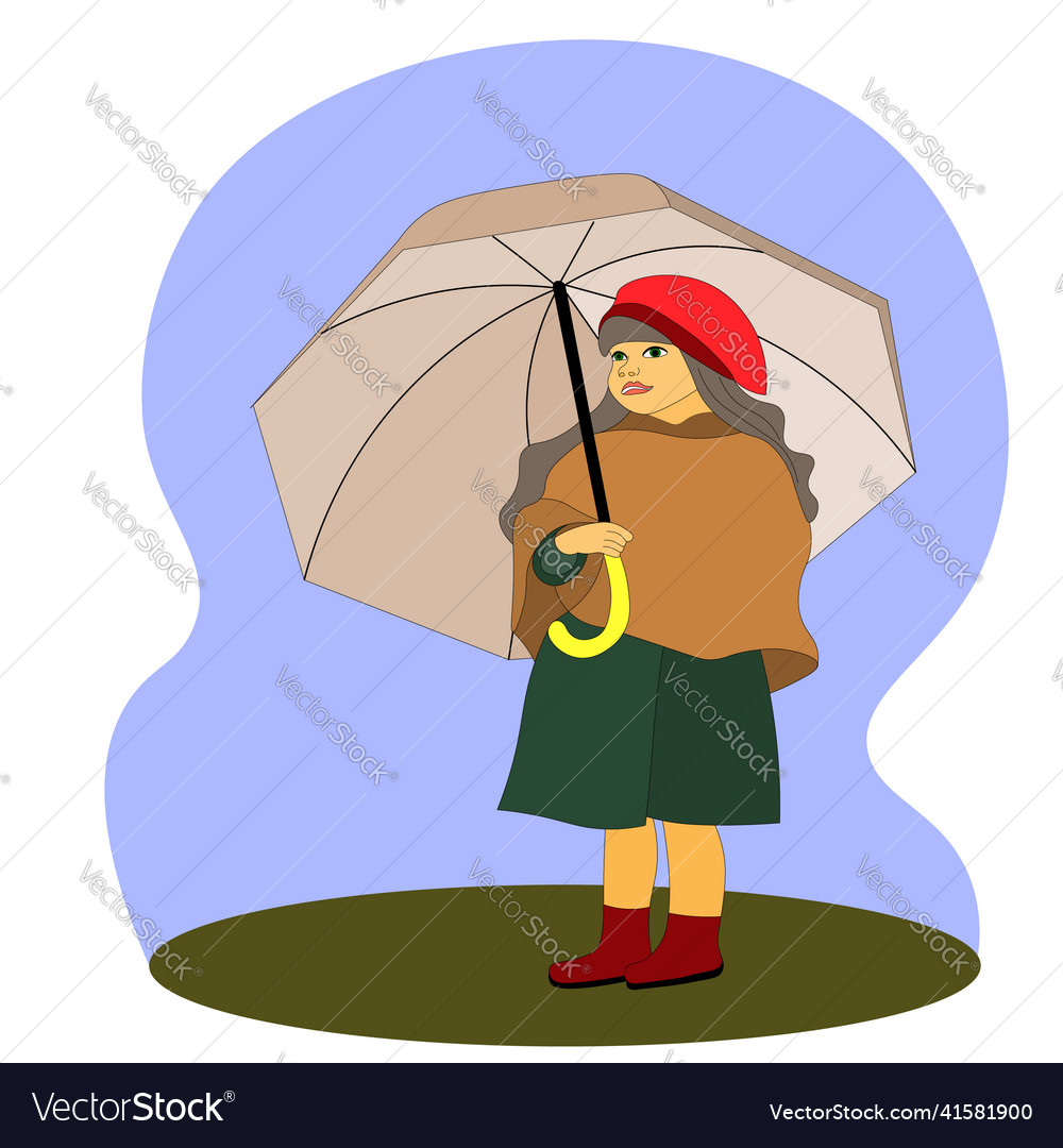 Girl in red beret child standing under umbrella Vector Image