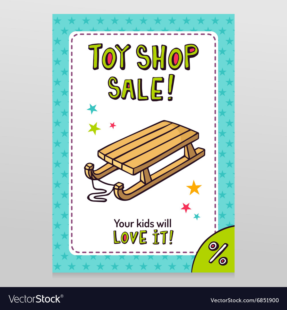 Toy shop sale flyer design with kids sleigh