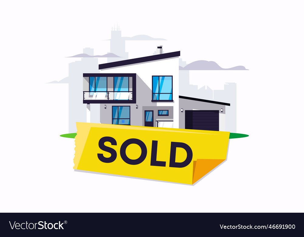 Two-storey house with a yellow sticker sold Vector Image