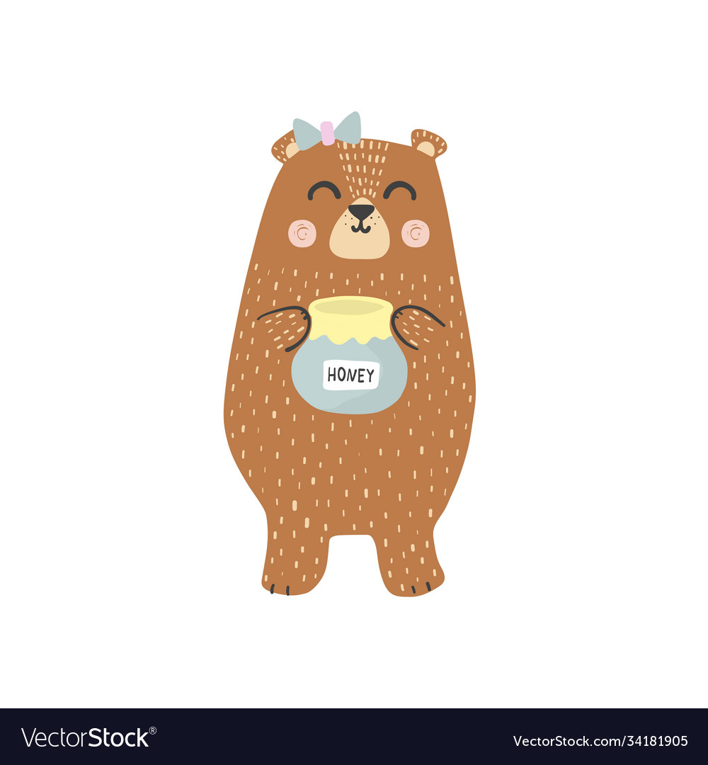 Cute brown grizzly bear with a honey jar Vector Image