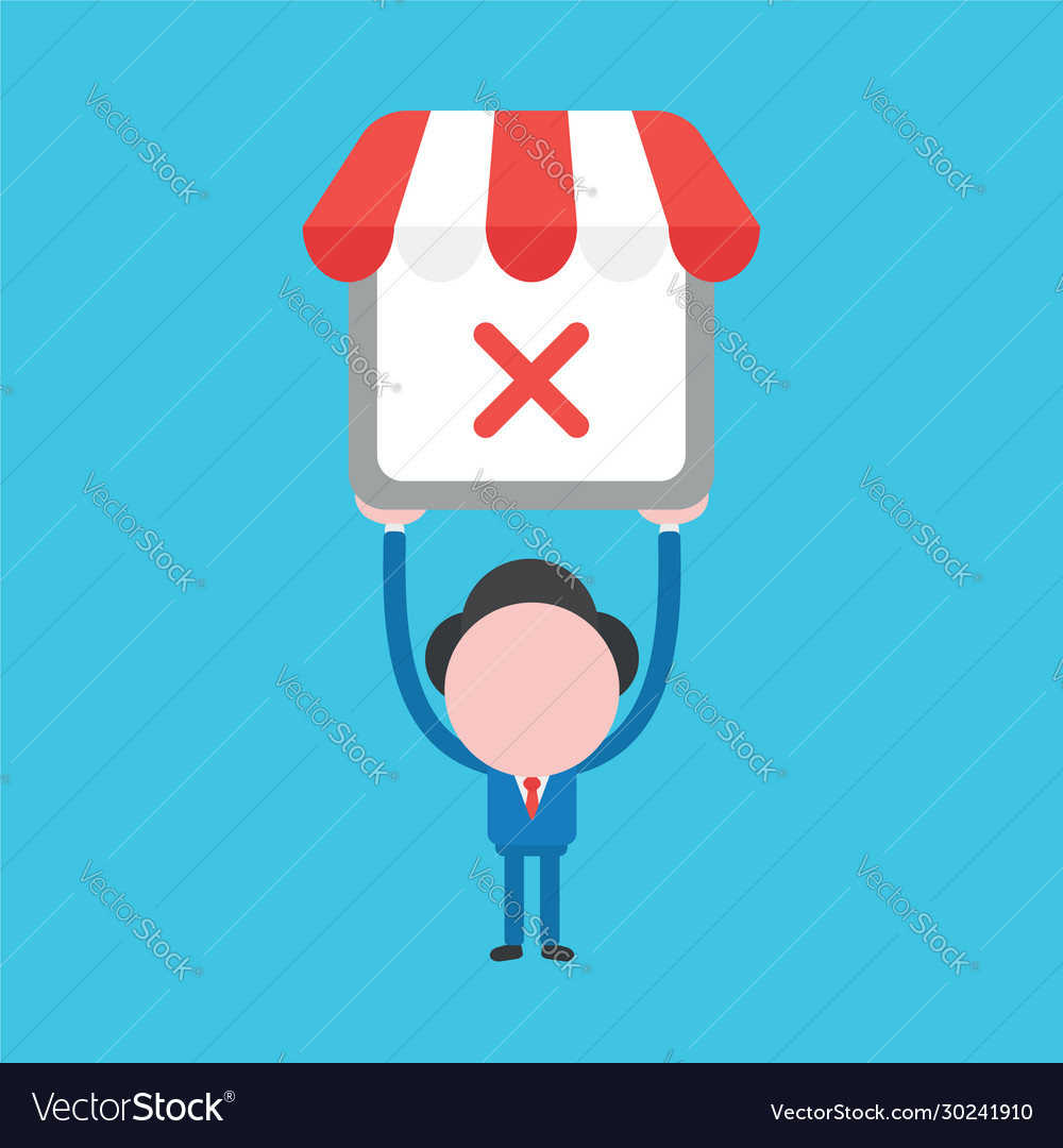 Businessman character holding up shop store icon Vector Image