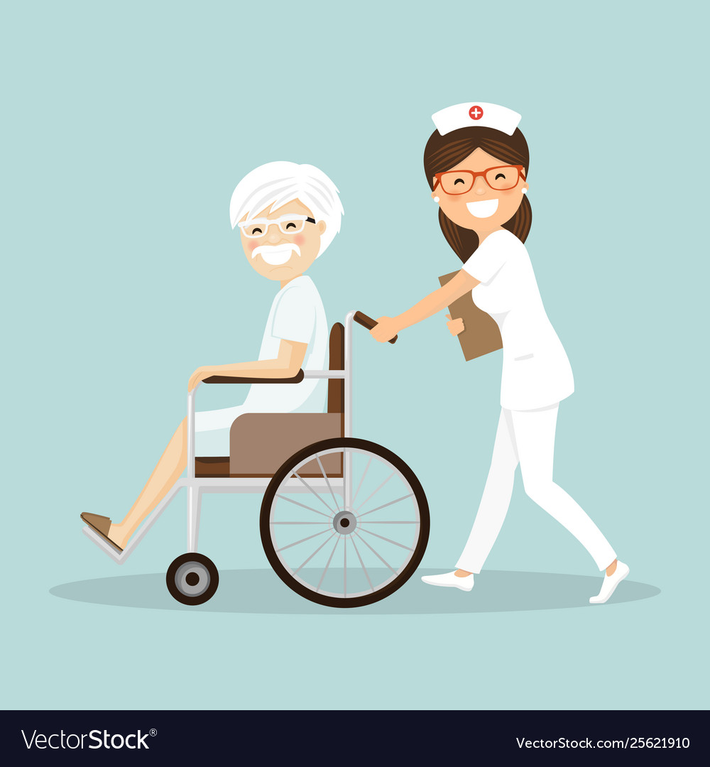 Nurse pushing a patient in a wheelchair Royalty Free Vector