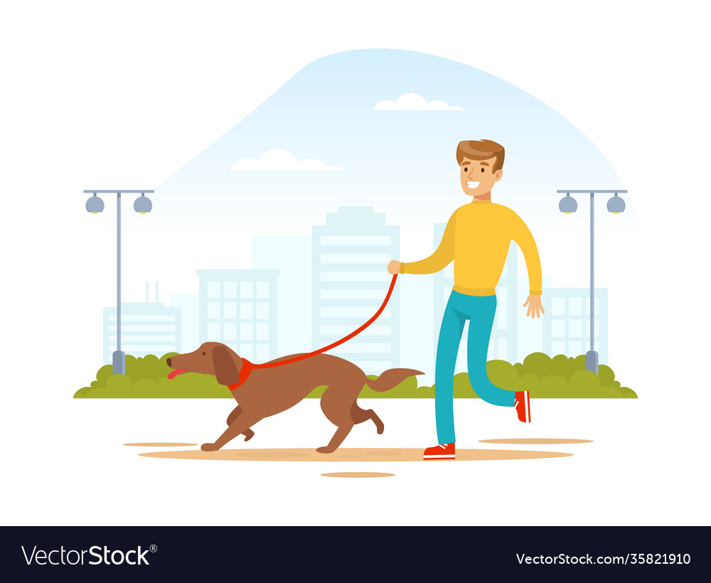 Young man walking with his pet dog on street Vector Image