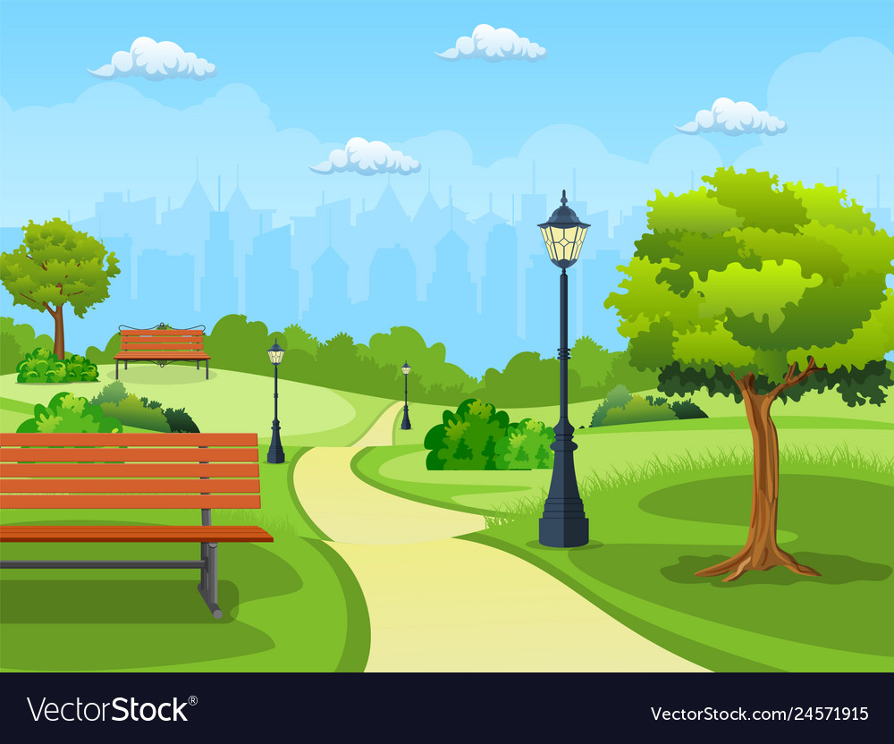 Bench with tree and lantern in the park Royalty Free Vector