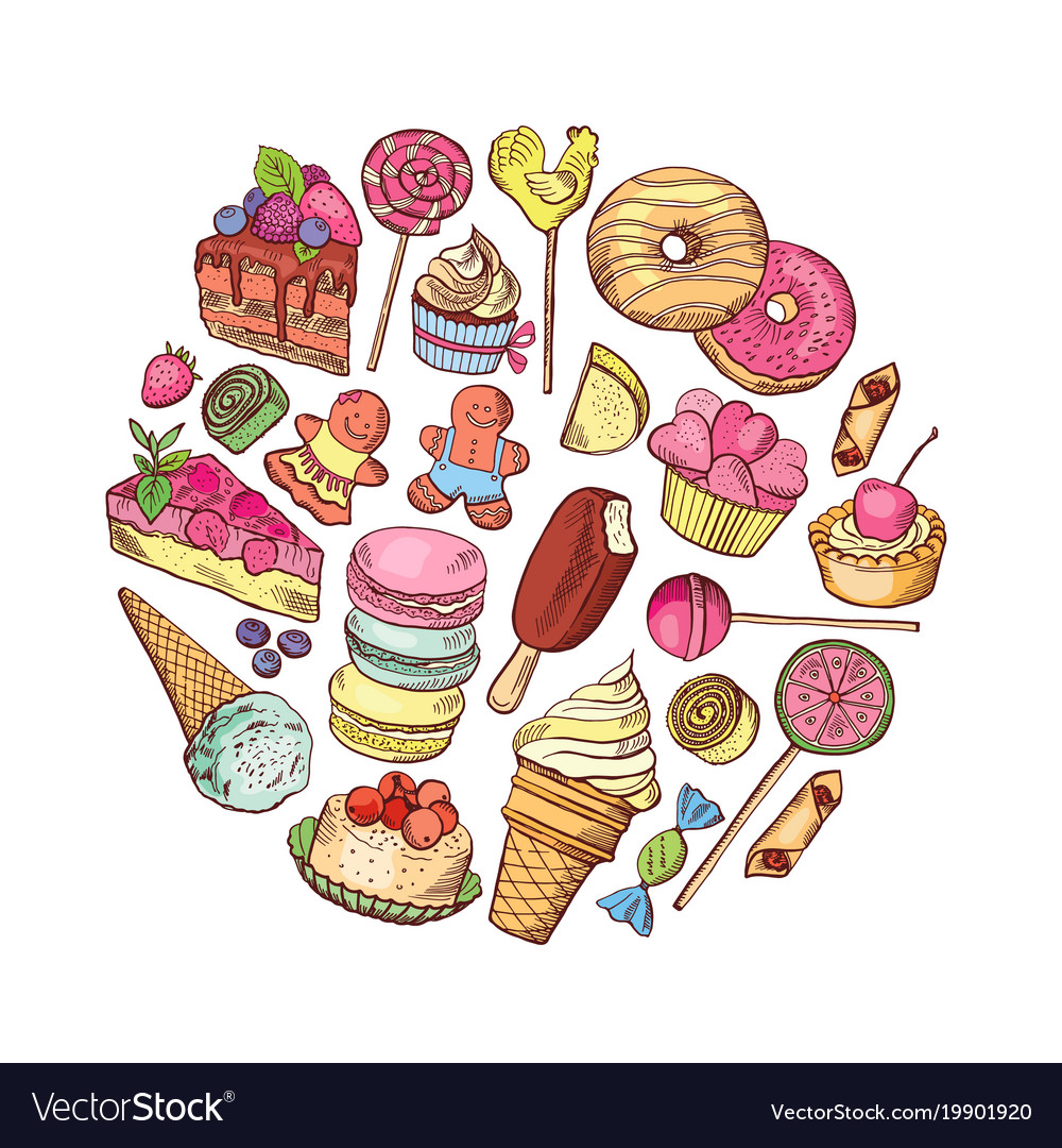 Hand drawn types of sweets circle concept Vector Image