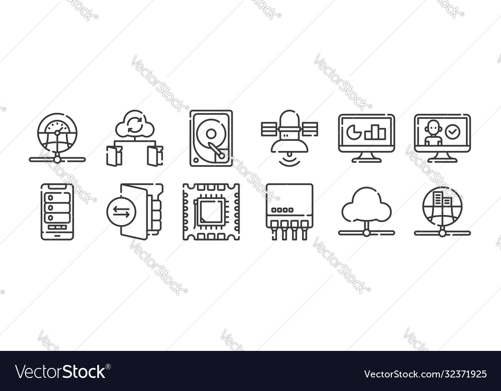 12 set linear database and servers icons thin Vector Image