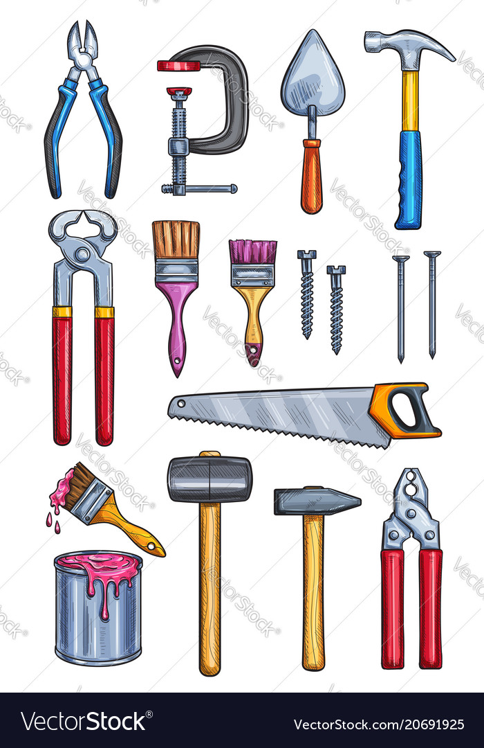 Work tools home repair color sketch icons