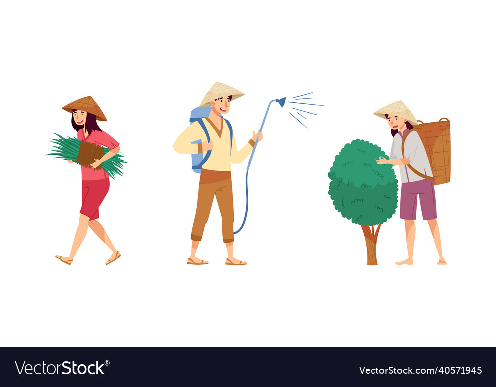 Asian Farmers Working On Farm Set Peasants Vector Image