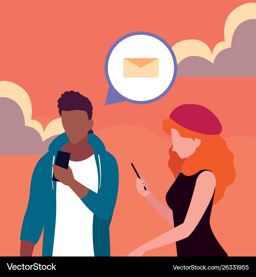 Man and woman characters using smartphone Vector Image