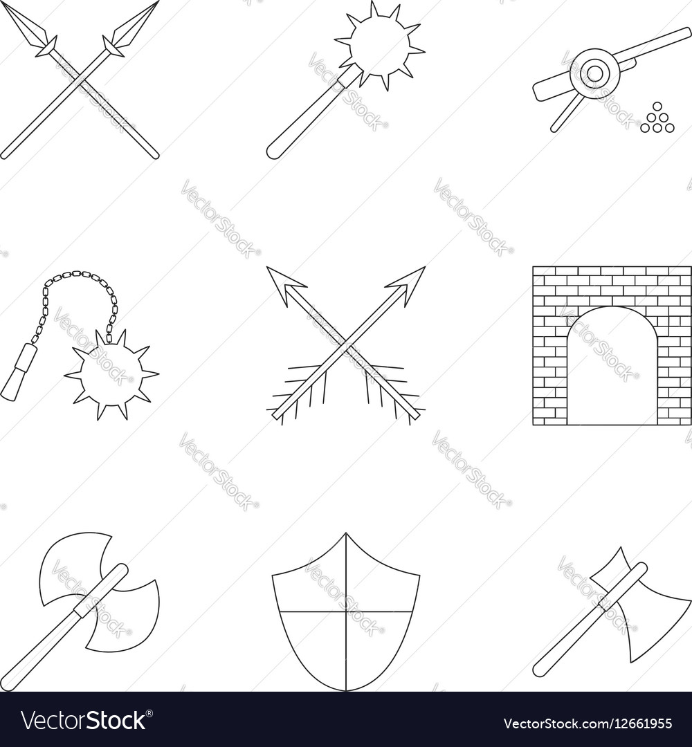 Military middle ages icons set outline style