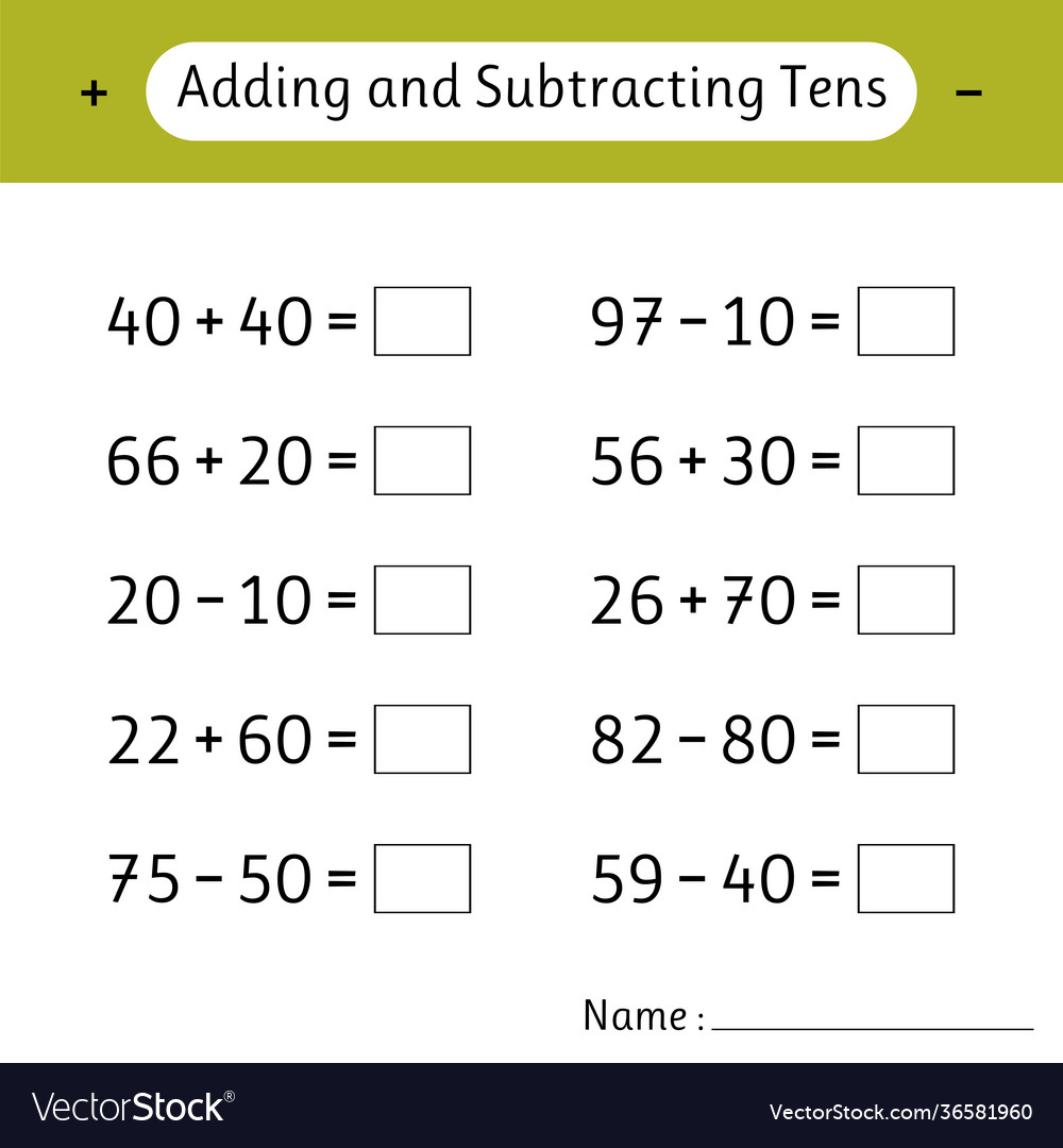 Adding and subtracting tens math worksheets Vector Image