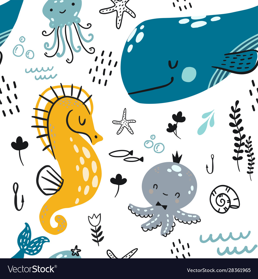 Flat doodle underwater childish pattern vector image Flat doodle underwater childish pattern