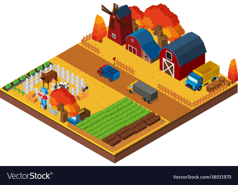 Farm scene with farmer and barns in 3d design