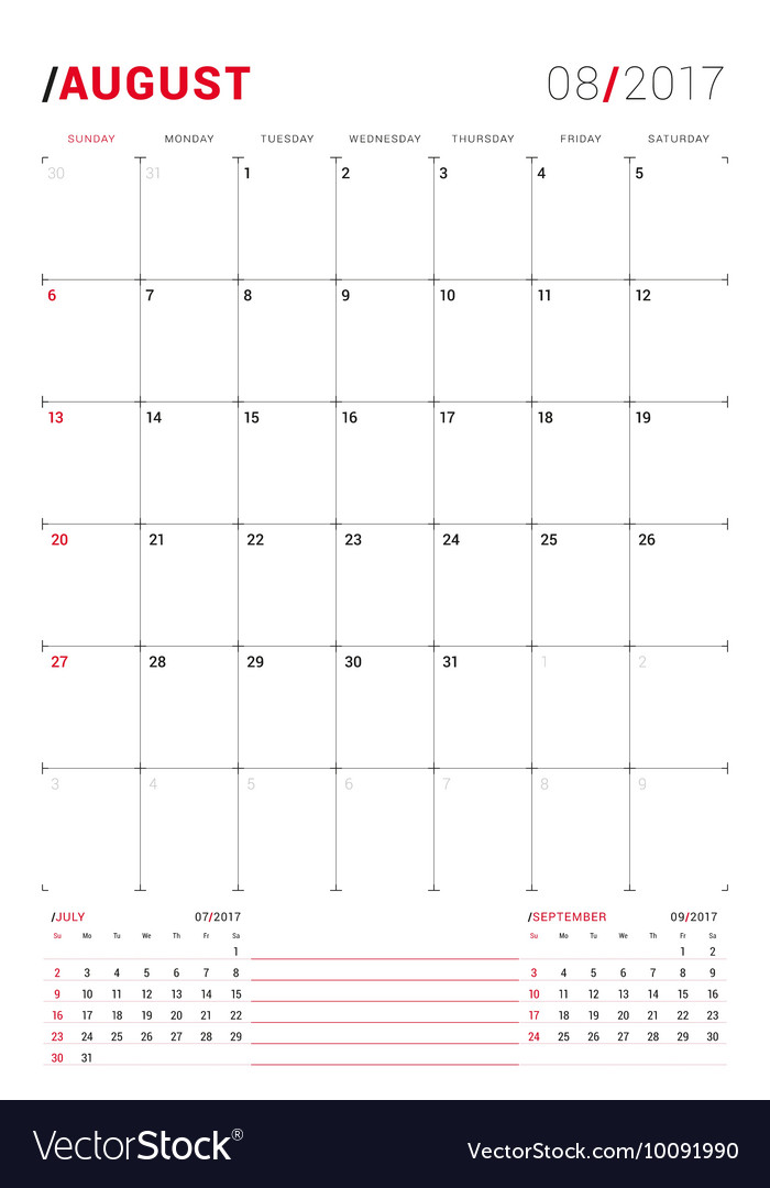 August 2017 print template monthly Royalty Free Vector Image