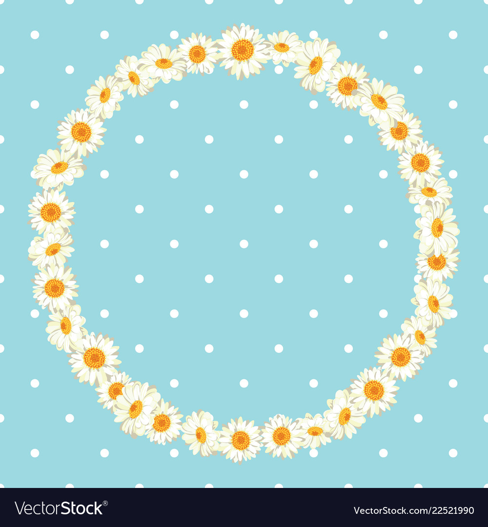 Chamomile pattern on blue polka dot background Vector Image