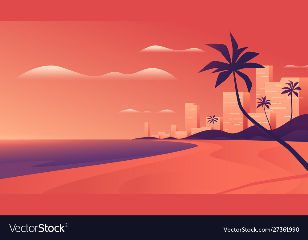 Coastal resort city at vivid sunset on ocean Vector Image