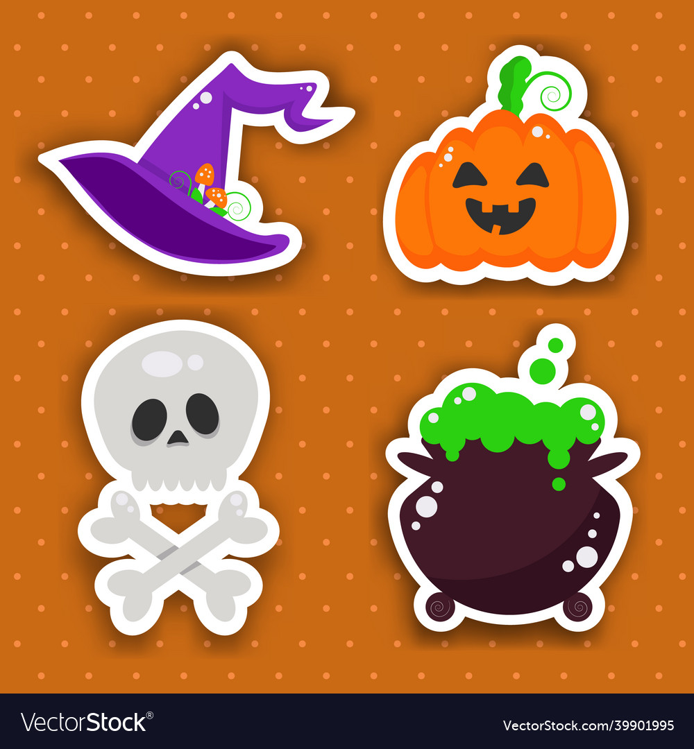 Set of cartoon halloween stickers pumpkin skull Vector Image