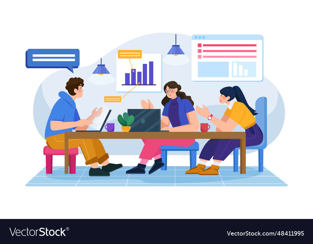 Startup team discussing growth report Royalty Free Vector