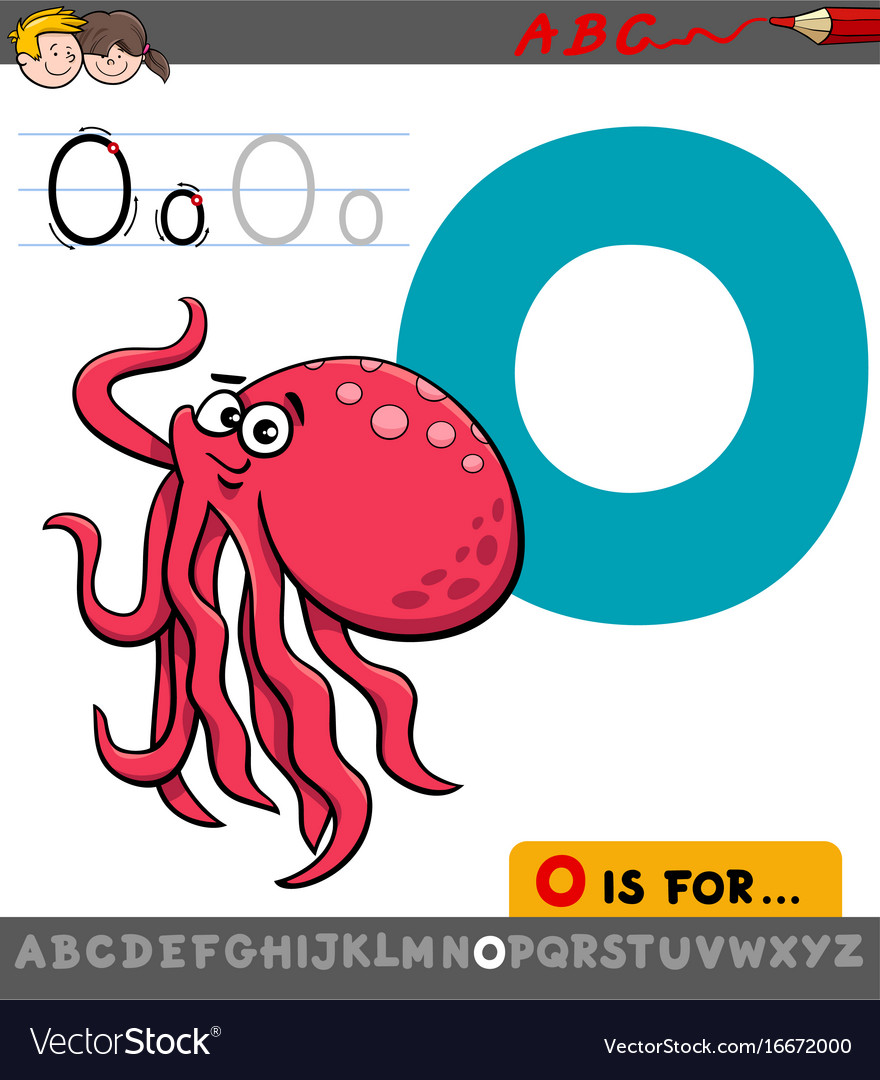 Letter o with cartoon octopus animal Royalty Free Vector