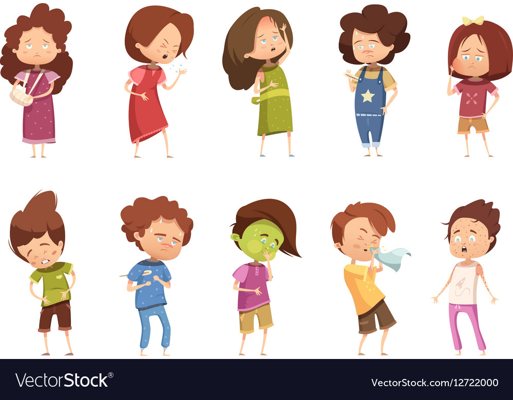 Sickness child retro cartoon icon set Royalty Free Vector