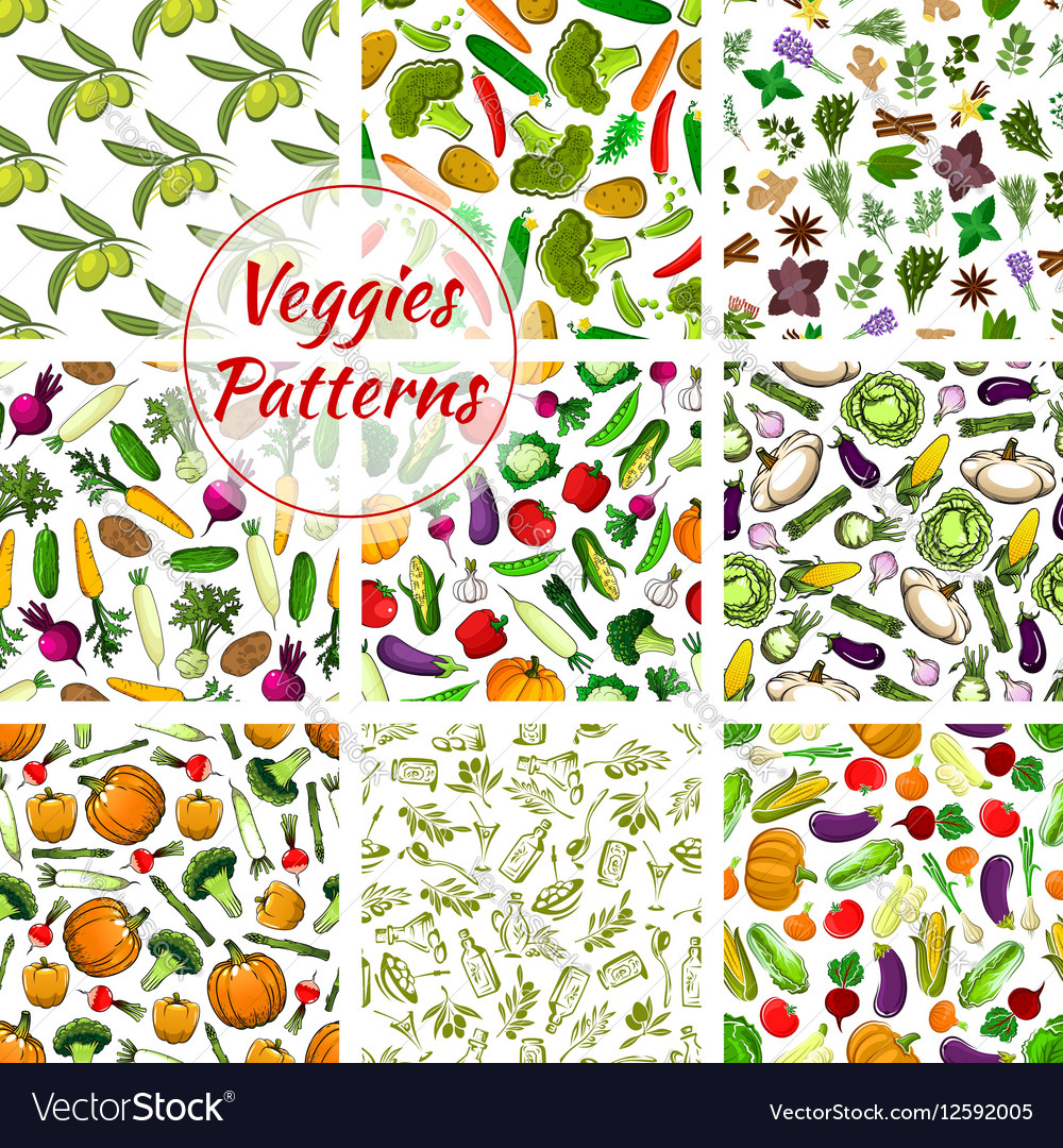 Veggies seamless patterns set of vegetables Vector Image