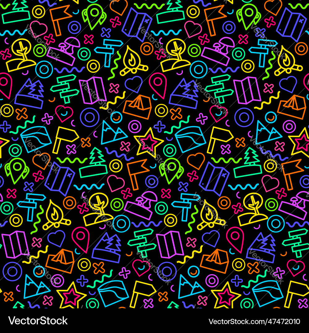 Neon camping flat seamless pattern Royalty Free Vector Image